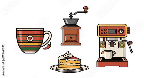 Assortment coffeerelated items and dessert, featuring striped mug with heart, vintage coffee grinder, an espresso machine, and slice cake