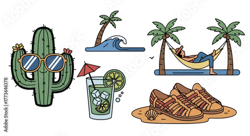 Fun summer vacation elements including cool cactus wearing sunglasses, refreshing drink, wave, person relaxing in hammock between palm trees, and pair sandals on the sand