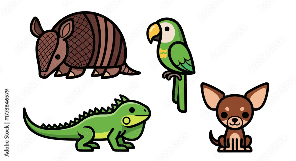 Naklejka premium Collection four cute cartoon animals an armadillo, parrot, an iguana, and chihuahua dog