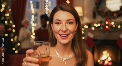 Smiling woman toasting with whiskey in a warmly lit Christmas living room, celebrating the holiday season with family and friends.