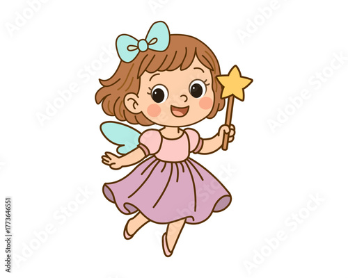 Charming fairy girl character holding magic star wand, wearing pastel mint bow and purple dress, cute vector illustration for children boutique, baby clothing brand or girls fashion identity