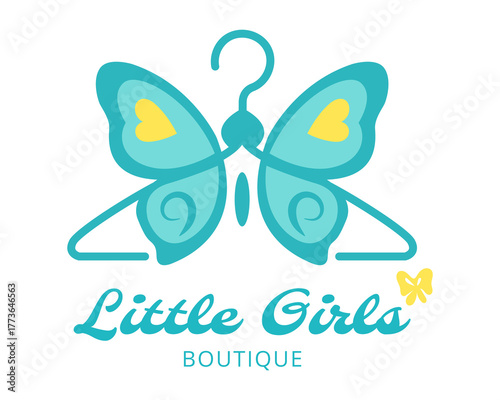 Adorable turquoise butterfly hanger logo with yellow heart wings and elegant script text Little Girls Boutique, feminine vector design for kids clothing brand identity