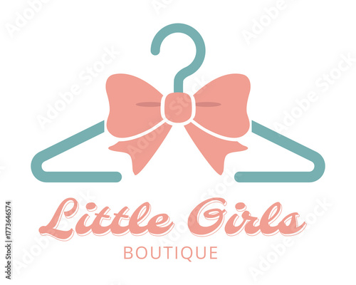 Stylish hanger logo with big pastel pink bow and Little Girls Boutique lettering, soft vector illustration for kids fashion, feminine baby clothing store, or girly brand identity
