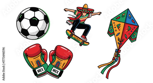Collection mexican cultural icons including soccer ball, boxing gloves, skateboarder in sombrero, and colorful kite