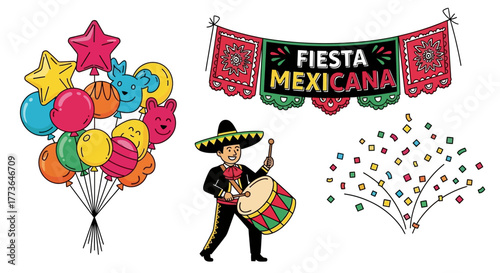 Bunch colorful balloons, mariachi musician playing drum, fiesta mexicana banner, and confetti