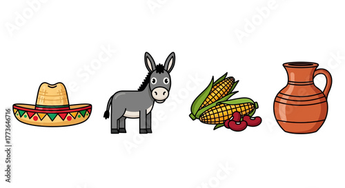 Collection mexican cultural icons including sombrero, donkey, corn, and clay jug