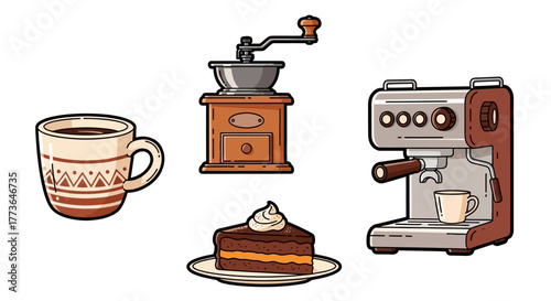 Collection coffeerelated items including mug, coffee grinder, an espresso machine, and slice cake