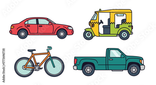 Various modes transportation including car, auto rickshaw, bicycle, and pickup truck