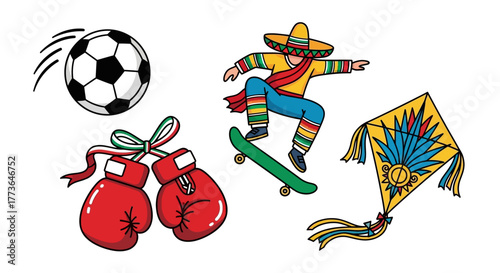 Collection sports and leisure items including soccer ball, boxing gloves, skateboarder, and kite
