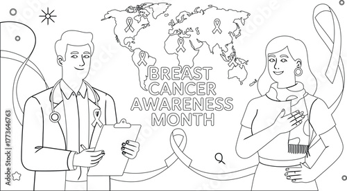 Breast Cancer Awareness Month Coloring Page with Doctor, Woman, Ribbon, and World Map