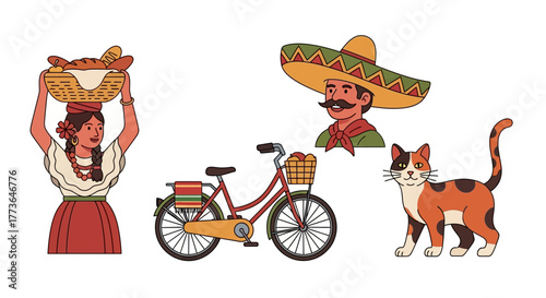Mexican woman carrying basket bread on her head, bicycle, man with sombrero and mustache, and cat