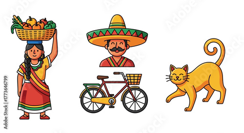 Mexican woman carrying basket fruit on her head, man with sombrero and mustache, and yellow cat