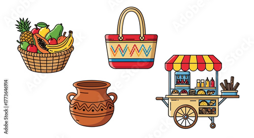 Assortment items representing mexican culture and daily life, featuring fruit basket, woven handbag, clay pot, and food cart, all
