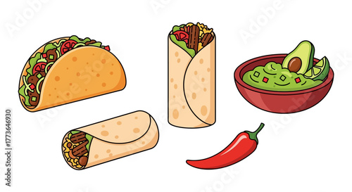 Selection popular mexican food items including tacos, burritos, guacamole, and chili pepper, presented as individual elements