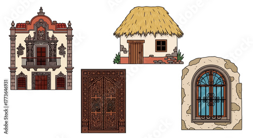 Collection mexican architectural elements including detailed facade, thatchedroof house, carved wooden door, and rustic arched window, all