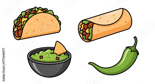 Collection mexican food items including taco, burrito, guacamole with chip, and chili pepper