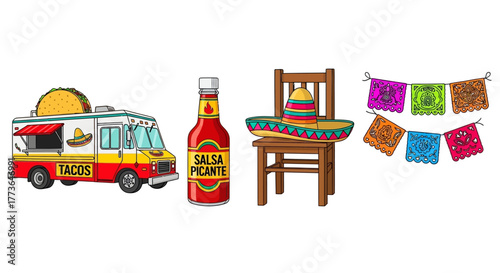 Mexican food truck with tacos, salsa picante bottle, sombrero on chair, and colorful papel picado banner