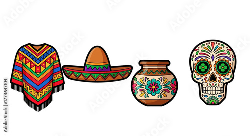 Assortment traditional mexican attire and symbols featuring colorful poncho, sombrero, decorative pot, and sugar skull