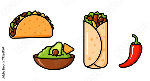 Selection popular mexican food items including taco, burrito, guacamole with chips, and red chili pepper