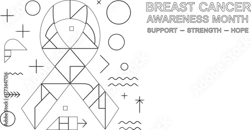 Breast Cancer Awareness Month Abstract Ribbon Design with Geometric Shapes on White Background