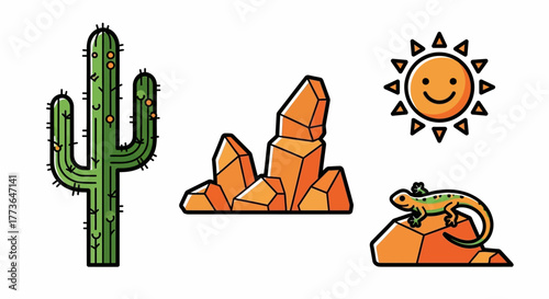 Desert landscape elements including saguaro cactus, rock formations, smiling sun, and lizard on rock
