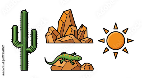 Desert landscape elements including saguaro cactus, rock formations, lizard, and sun