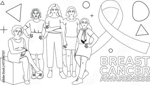 Breast Cancer Awareness Line Art Featuring Women, Ribbon, and Geometric Shapes in Black and White