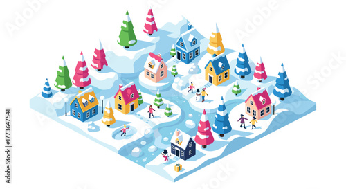 Isometric winter wonderland scene with colorful houses and snowy landscape