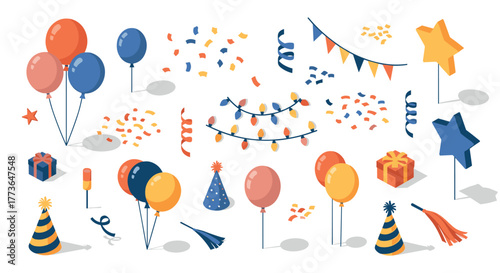 Festive party set with balloons, confetti, and decorative elements in isometric style
