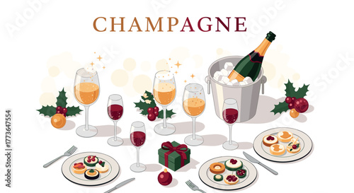 Festive dining with champagne and elegant holiday appetizers in a flat style
