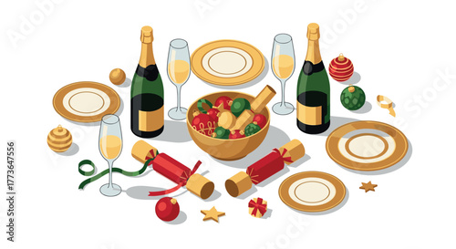 Festive holiday table setting with champagne and ornaments in isometric style