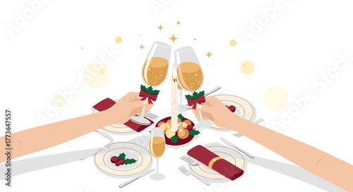 Festive holiday celebration with champagne toast and elegant table setting