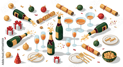 Festive holiday celebration with champagne, decorations, and gifts in isometric style