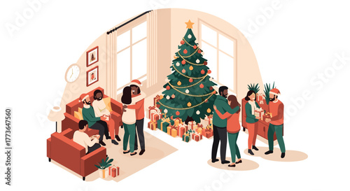 Cozy christmas celebration in a decorated living room with family and gifts