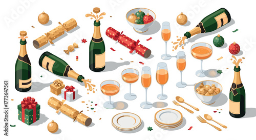 Festive celebration with champagne bottles and holiday decorations in isometric style