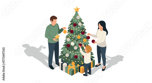 Family decorating christmas tree with gifts and ornaments in isometric style