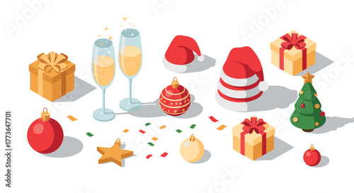 Festive isometric christmas scene with gifts, santa hats, and champagne glasses