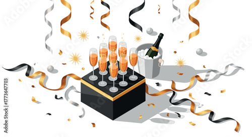 Elegant celebration scene with champagne and ribbons