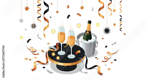 Elegant celebration with champagne and confetti in isometric style