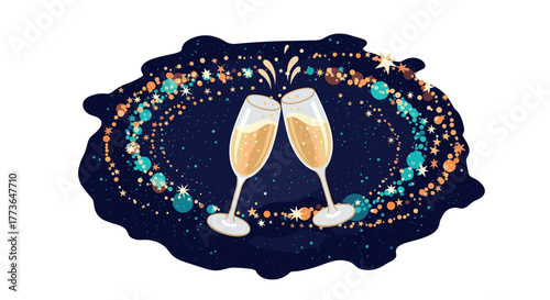 Festive celebration with champagne toast and starry background