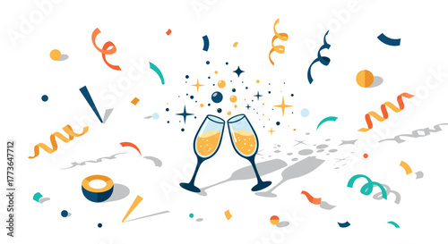 Celebratory festive toast with champagne flutes and colorful confetti