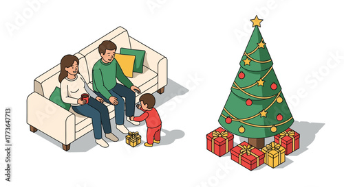 Family celebrating christmas at home with toddler and gifts by tree