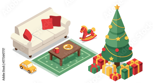 Cozy christmas living room with tree, gifts, and decorations in isometric style