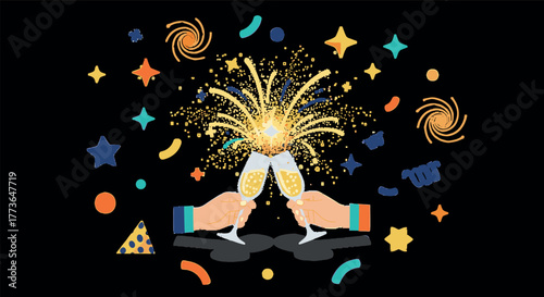 Festive celebration with sparklers and clinking glasses in colorful style