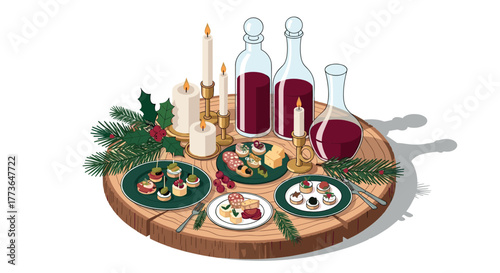 Festive dinner setting with candles, wine, and appetizers on wooden platter in isometric style