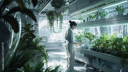 Female scientist in futuristic laboratory tending to plants on shelves with hydroponic system