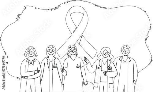 Black and White Outline of Doctors with Awareness Ribbon and Abstract Backdrop Illustration
