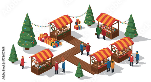Festive isometric christmas market with stalls and holiday decorations
