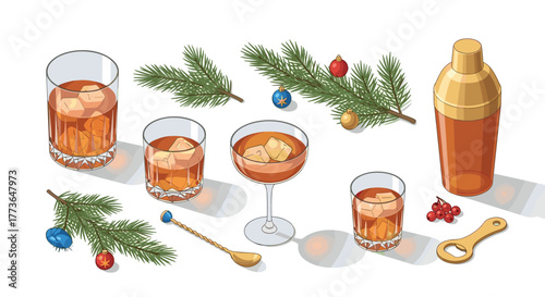 Festive cocktail bar scene with glasses, pine branches, and shaker