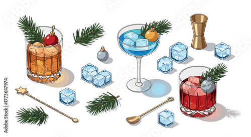 Festive holiday cocktails with ice cubes and pine garnish in isometric style